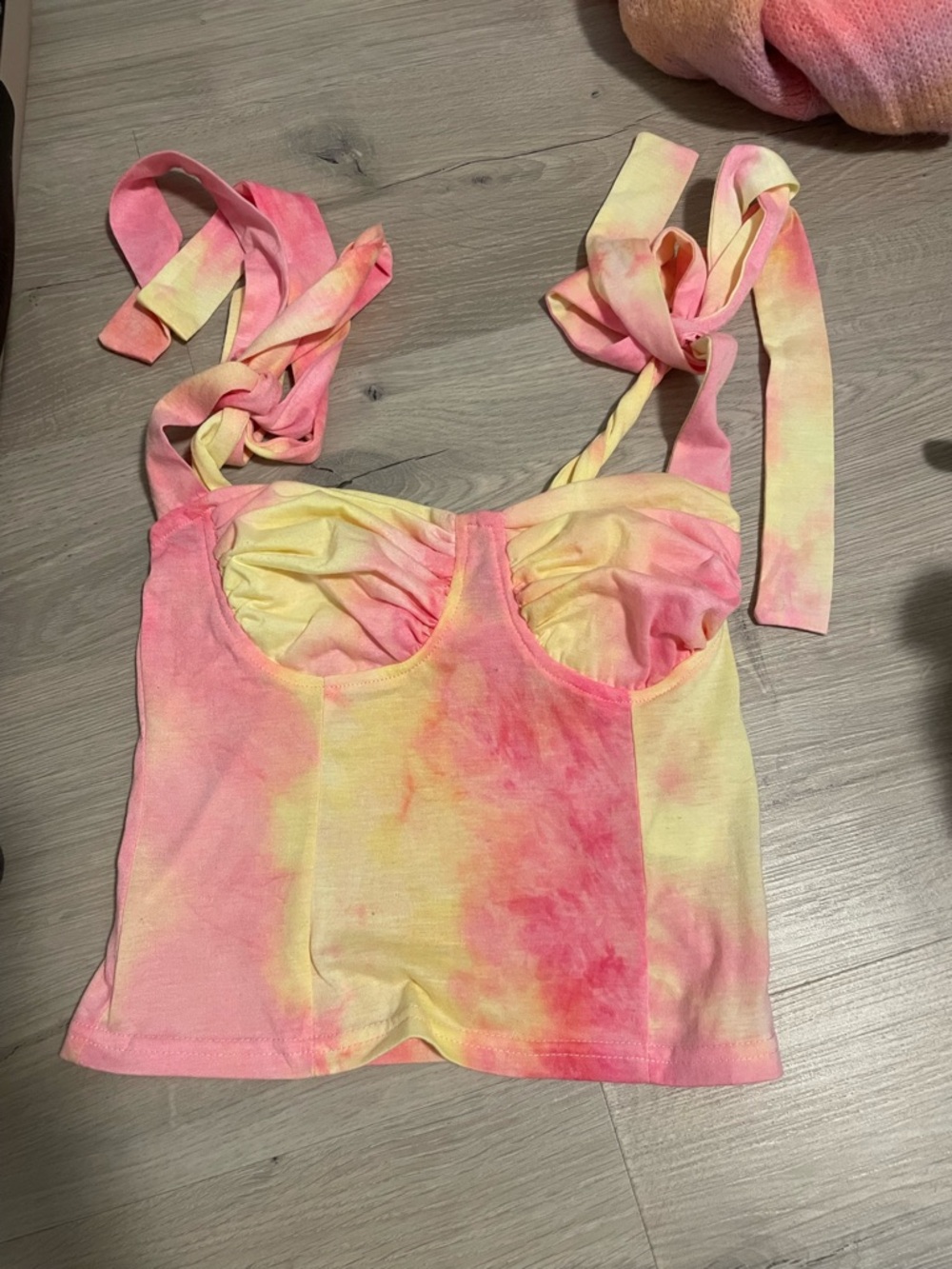 Tie-Shoulder Tie-Dye Bustier Crop Top in Pink & Yellow